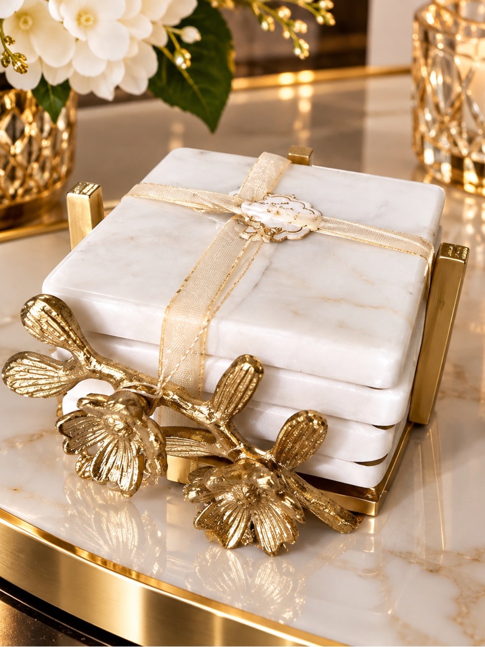 Gold & White Marble Decorative Coasters - Elegant Home Accents